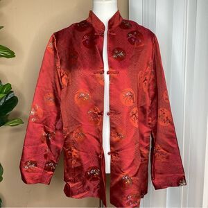 Kate Hill Red Silk Blend Maze Print Floral Embroidery Jacket Size XL